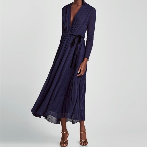 Zara Crossover Wrap Long Dress Velvet Belt Midnight Blue Size Small - Picture 2 of 15